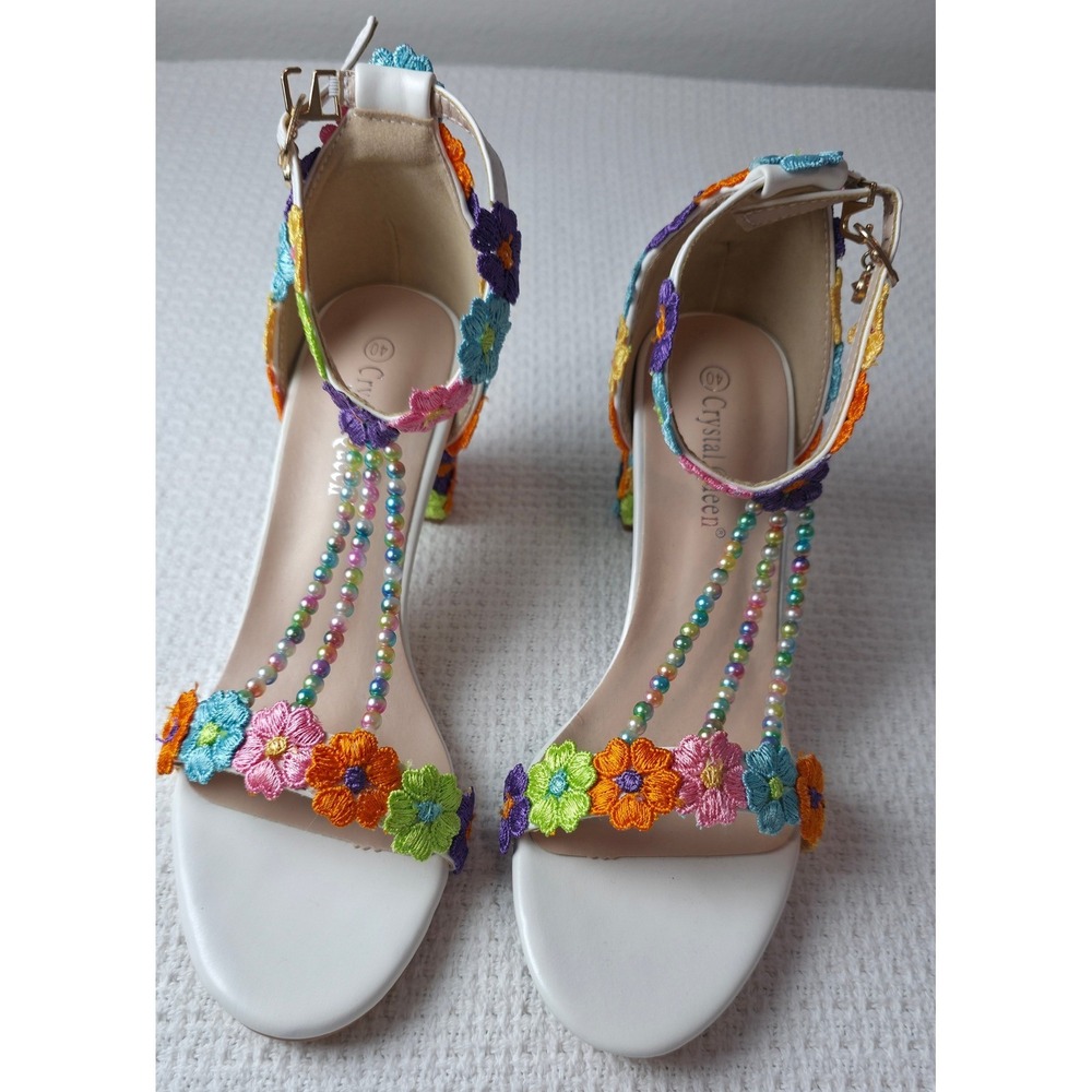 Crystal Queen Floral Embroidered Sandals Womens 40 White Multi Beads